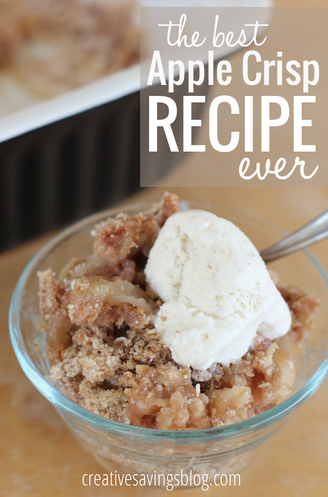Celebrate Fall with what is seriously the best apple crisp recipe ever! The ginormous amount of topping paired with perfectly sweetened apples will having you wanting this for breakfast, lunch, dinner, AND dessert! #fallrecipes #applerecipes #applecrisp #homemadeapplecrisp #autumnrecipes