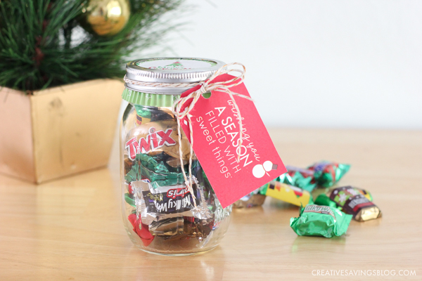 Finished product - DIY Candy Jar Gift with Gift Tag tied on