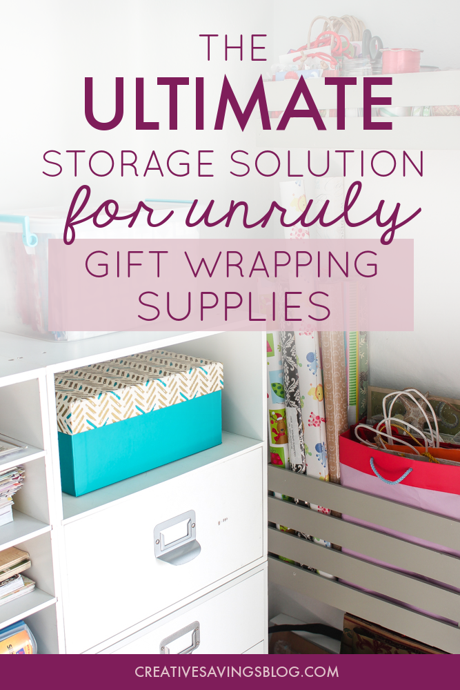 These gift wrapping storage ideas are exactly what I've been looking for!!! I love how she cut a crate in half for the shelves, making it the perfect solution for small spaces. Organize gift supplies is definitely going on my to-do list for next month. I can't wait to have all my gift bags, wrapping paper, and bows neatly organized! #giftsupplies #giftwrappingsupplies #organizing #organization