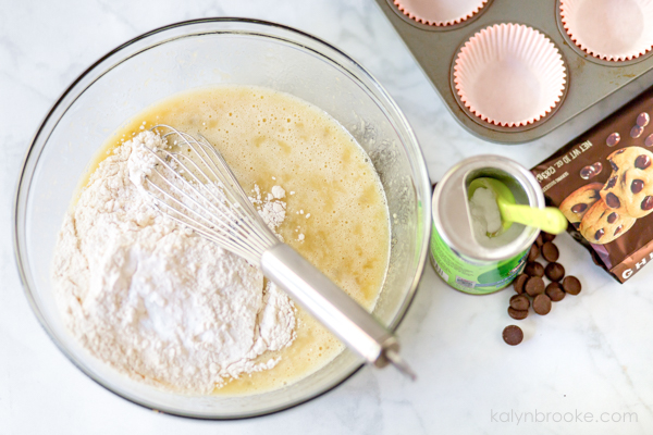 the best banana chocolate chip muffins pre-mixing in a mixing bowl