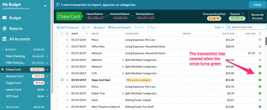 screenshot of YNAB shared budget app