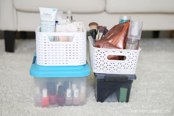 declutter makeup and reorganize into totes