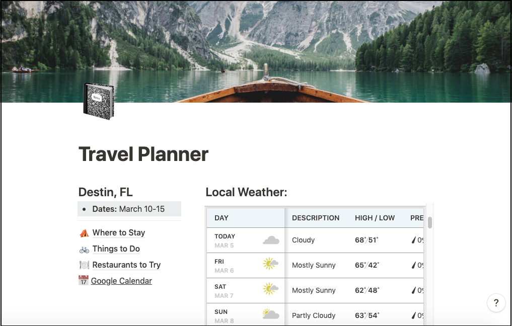 travel planner in Notion