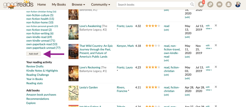 Goodreads shelves screenshot