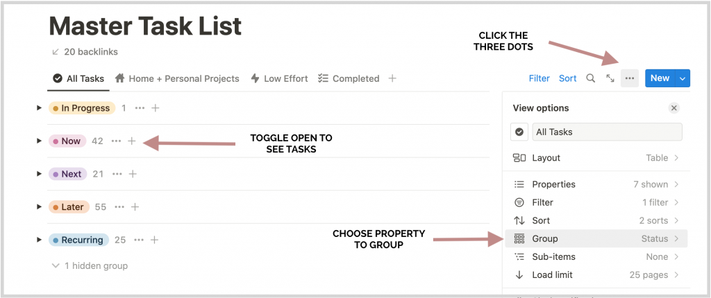 Grouping tasks in a master task list on notion