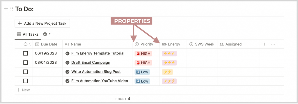 Properties to help organize a master task list on notion