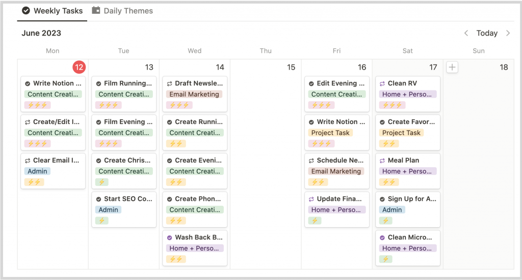 Calendar view of a master task list on notion