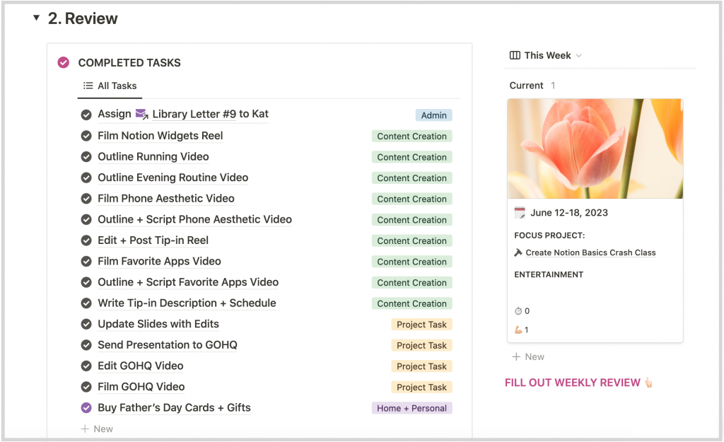 Kalyn's weekly review routine in notion