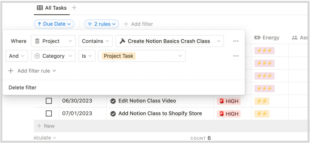 Adding tasks to projects in notion