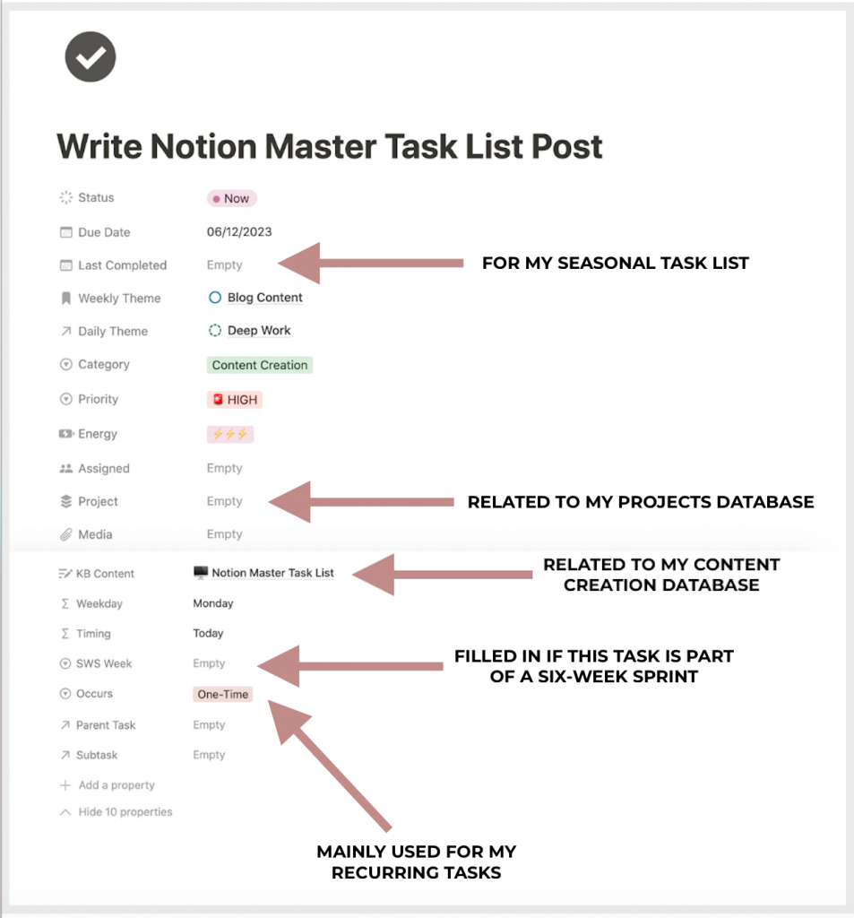 How Kalyn uses properties within her master task list on notion