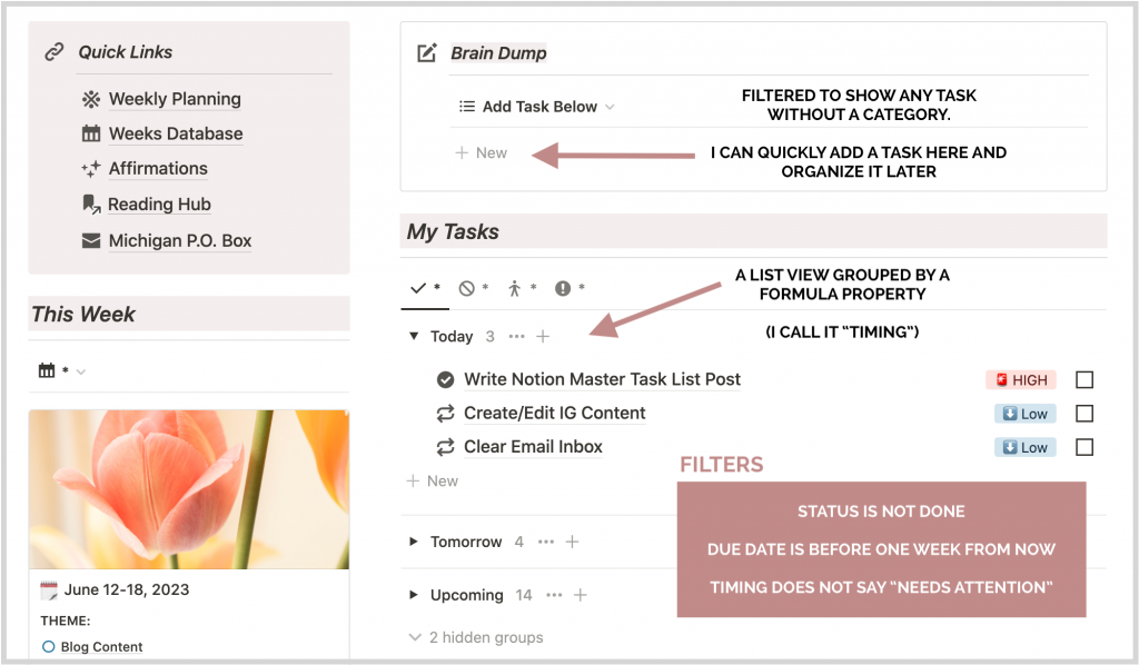 Kalyn's personal dashboard showing how she embeds her master task list into a different notion page.