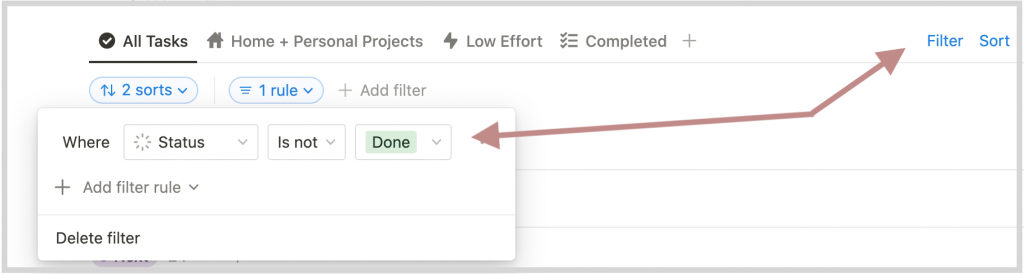 Example of a filter on a master task list in notion