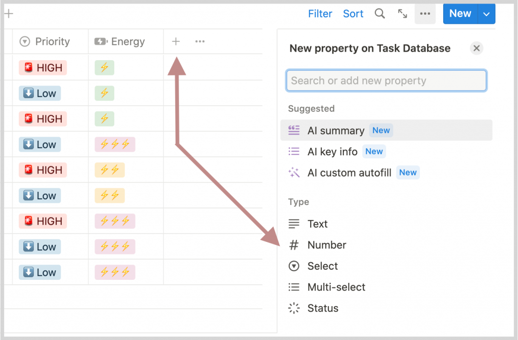 Adding a new property to a master task list on notion