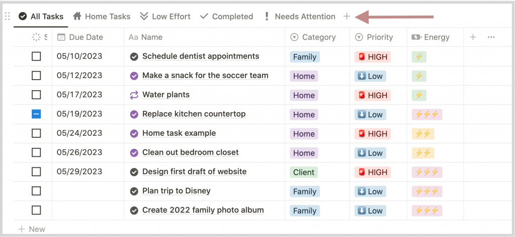 Alternative views for a master task list on notion