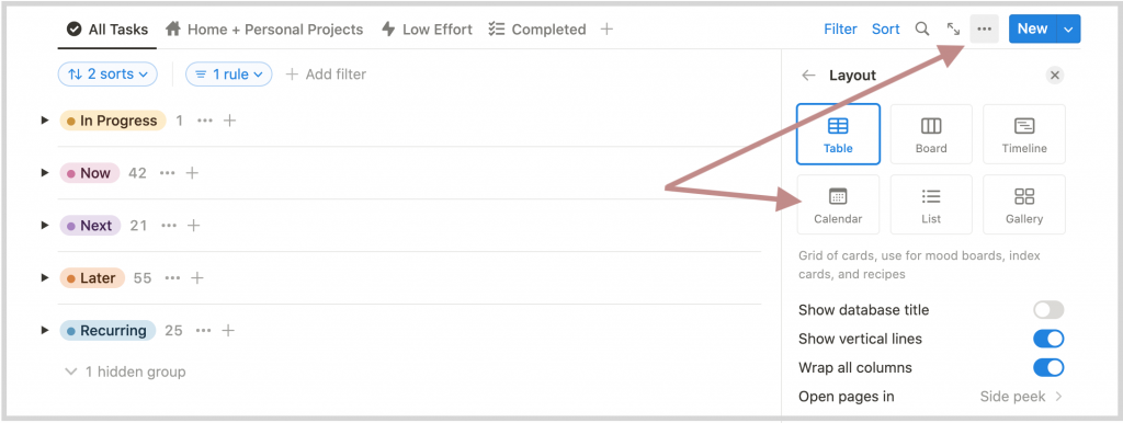 Adding a new view to a master task list on notion